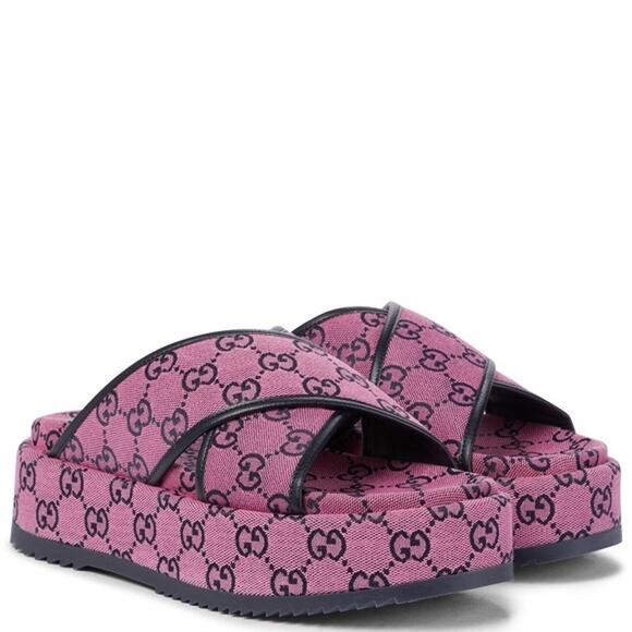 Gucci GG Multicolor Platform Slide Sandals Sz 10.5 Purple Black Luxury Designer - Picture 1 of 11